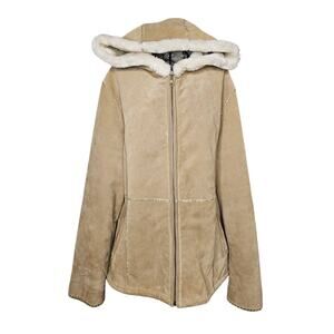 FABIO Shearling Suede Y2K Tan Hooded COAT Faux Fur Women's size XL GIFT